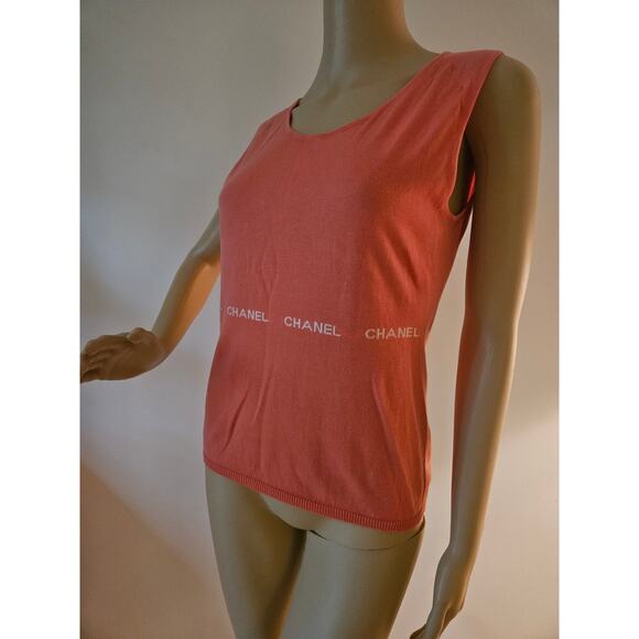 Cute Chanel Coral pink Logo Printed Sleeveless Top M sz - Picture 6 of 13